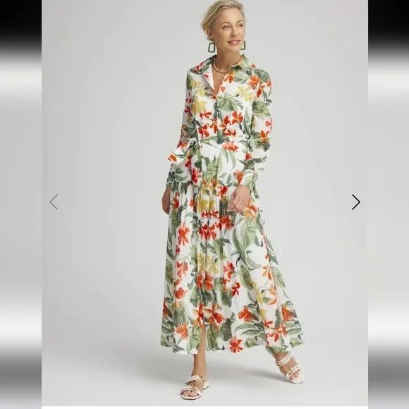 NEW Chico's size 1.5 dress Medium size 10 flower button lined collar belt silk